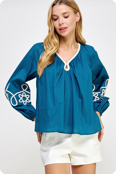 Blue Braid Detail V-Neck Blouse
