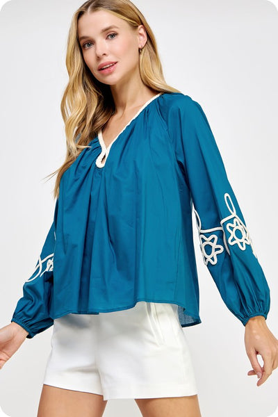 Blue Braid Detail V-Neck Blouse