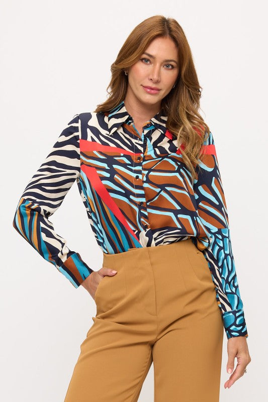 Abstract Printed Contrast Blouse