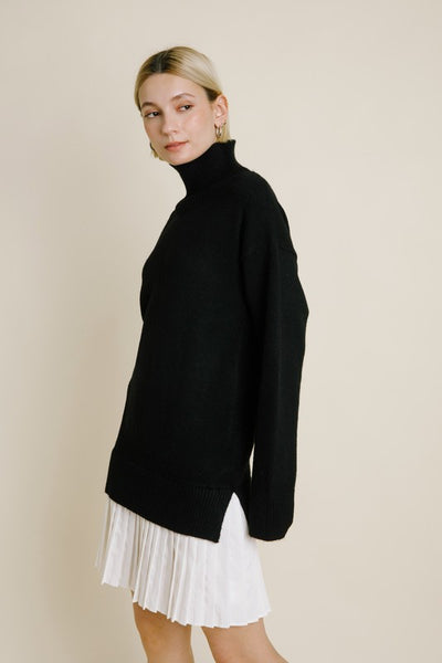 Black Pleated Hem Turtleneck Dress