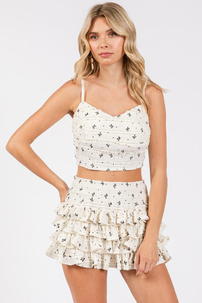 Bow Print Ivory Textured Skort