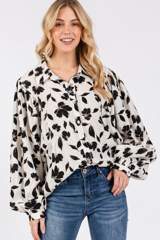 Black and White Floral Puff Sleeve Button Down