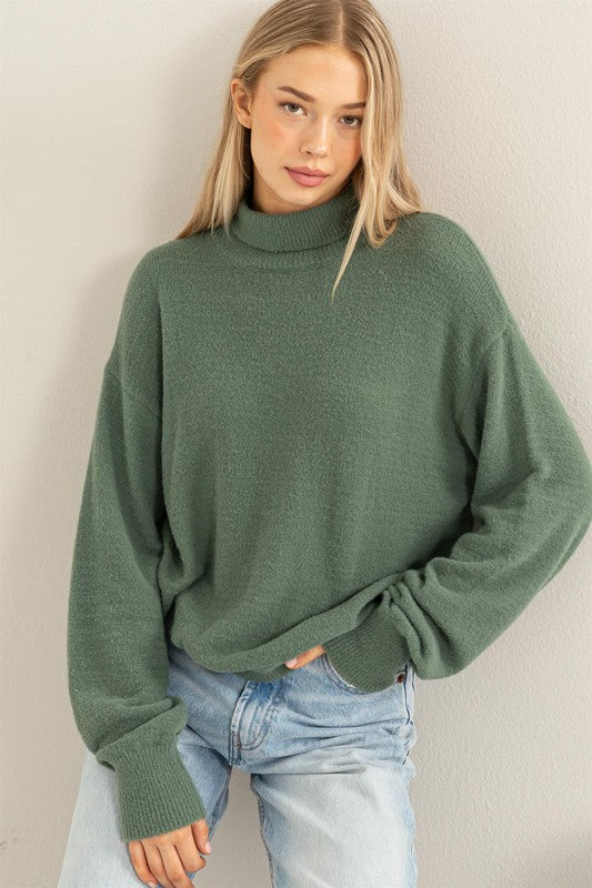 Grey Green Colored High Neck Sweater