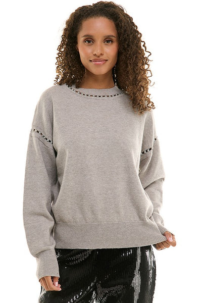 Heather Grey Inset Pearl Detail Sweater