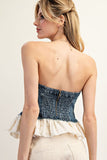 Denim Ruffle Lace Strapless Top