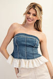 Denim Ruffle Lace Strapless Top