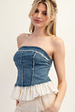 Denim Ruffle Lace Strapless Top