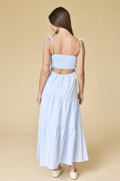Blue Smocked Back Tiered Midi Dress