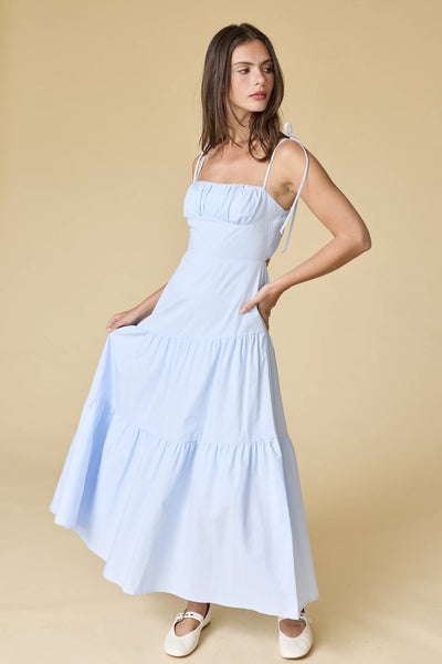 Blue Smocked Back Tiered Midi Dress