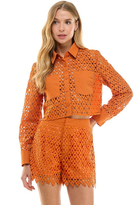 Orange Eyelet Button Up Shirt and Short Set