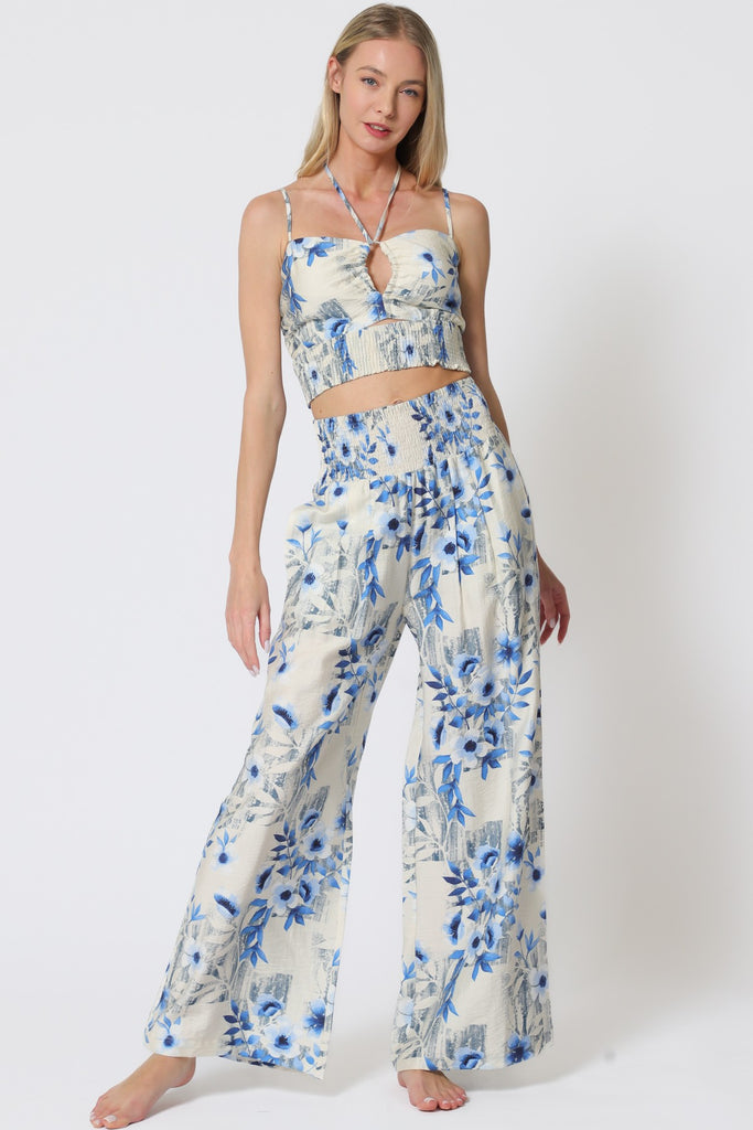 Ivory and Blue Floral Top & Pants Set