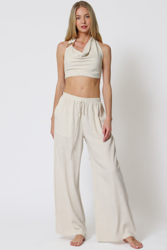 Cream Backless Halter Top & Flowy Pants Set