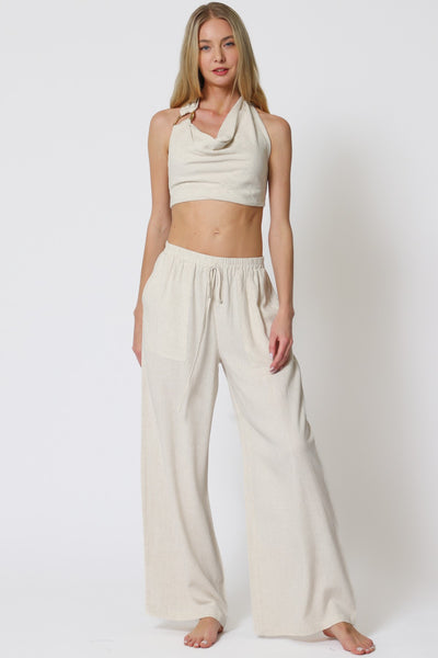 Cream Backless Halter Top & Flowy Pants Set