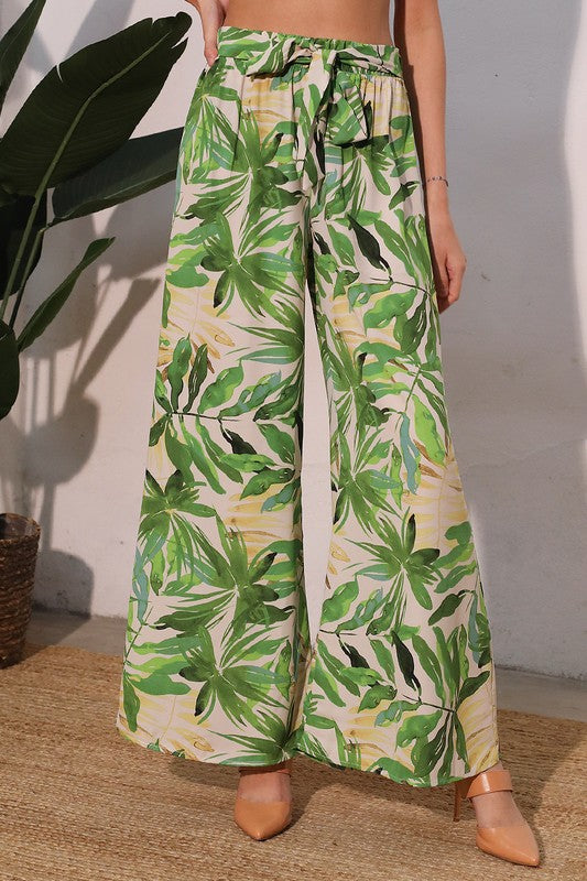 Green Leaf Tie Waist Wide Pants