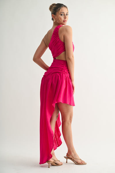 Fuschia One-shoulder High-low Maxi Dress