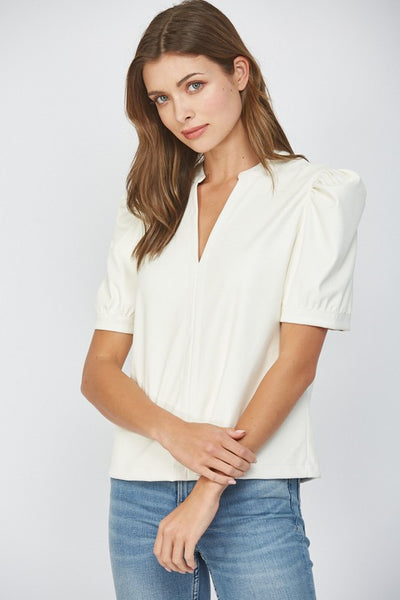 Cream Split Neck Leather Blouse