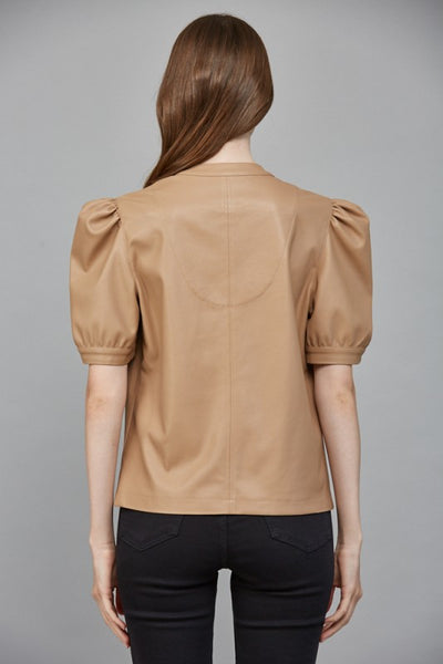 Latte Split Neck Leather Blouse