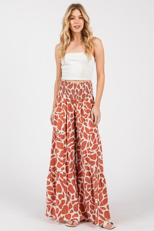 Orange Waist Smocked Tiered Maxi Pants