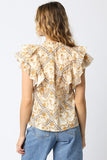 Neutral Floral Print Ruffled V-Neck Blouse