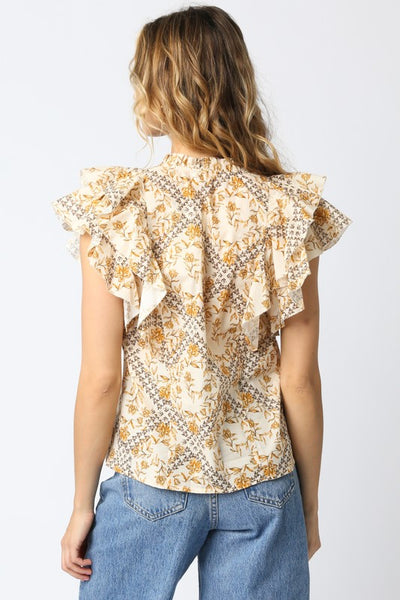 Neutral Floral Print Ruffled V-Neck Blouse