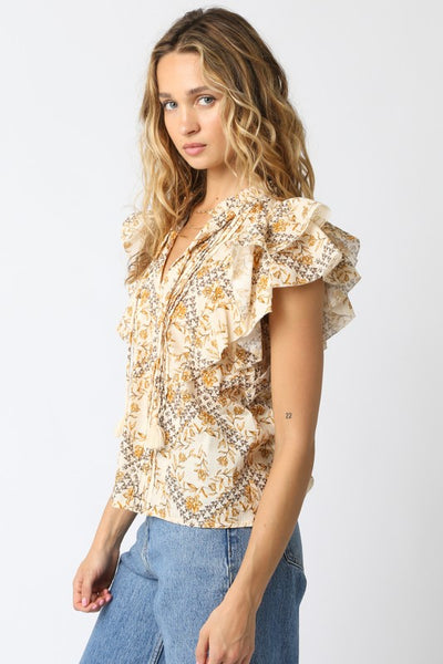 Neutral Floral Print Ruffled V-Neck Blouse