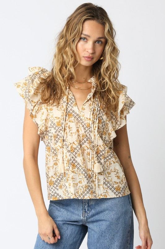 Neutral Floral Print Ruffled V-Neck Blouse