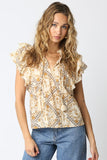 Neutral Floral Print Ruffled V-Neck Blouse