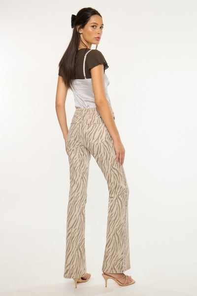 Cream Zebra Print High Rise Flare Jeans