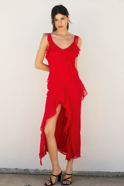 Bright Red Asymmetrical Ruffled Open Back Maxi Dress