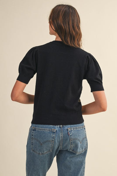 Brown Latte Short Puff Sleeve Embroidery Sweater