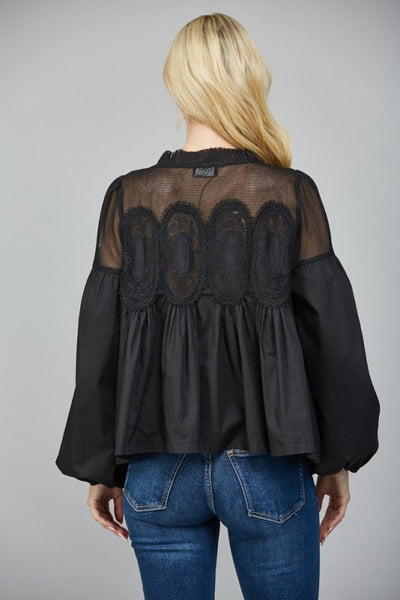 Black Lace Applique Detail Long Sleeve Blouse