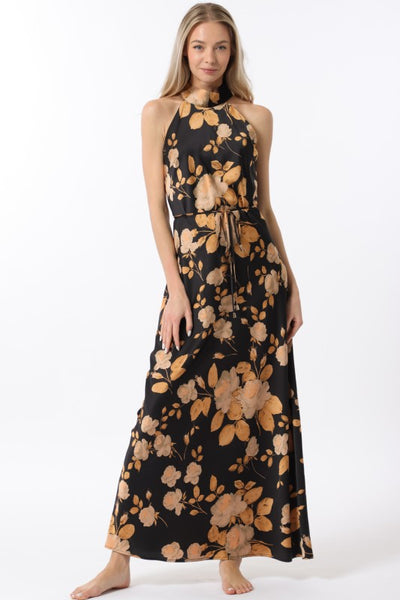 Black and Camel Mock Neck Floral Print Maxi