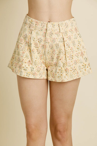 Yellow Floral Eyelet Shorts