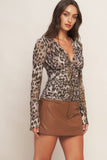 Leopard Print Long Sleeve V-Neck Sheer Top