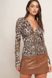 Leopard Print Long Sleeve V-Neck Sheer Top