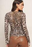 Leopard Print Long Sleeve V-Neck Sheer Top