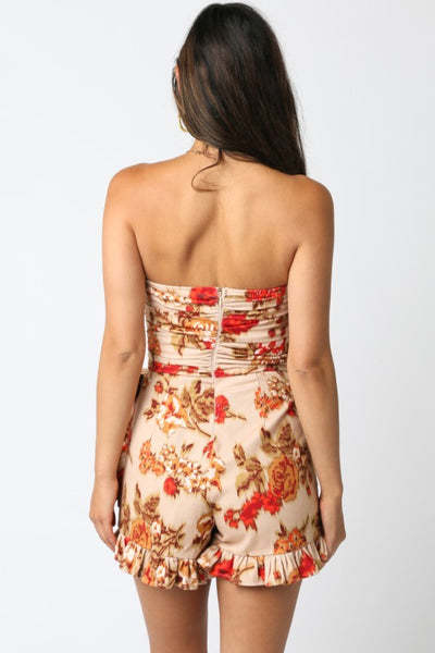 Taupe and Red Floral Print Sleeveless Romper