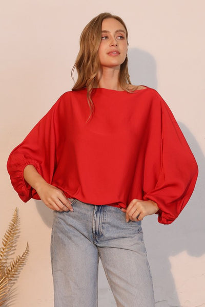 Red Washed Poly Silk Boat Neck Blouson Top