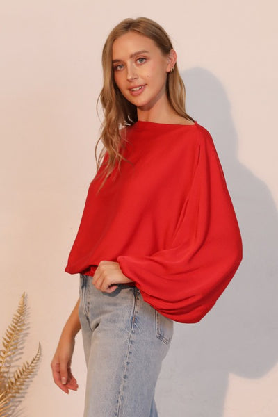 Red Washed Poly Silk Boat Neck Blouson Top