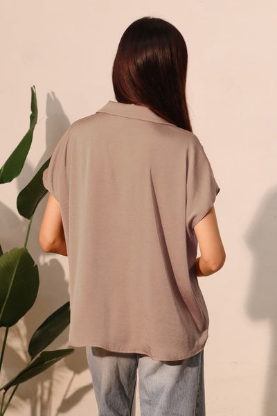 Taupe Poly Silk Collared Caftan Top