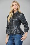 Black Cinched Leather Peplum Jacket