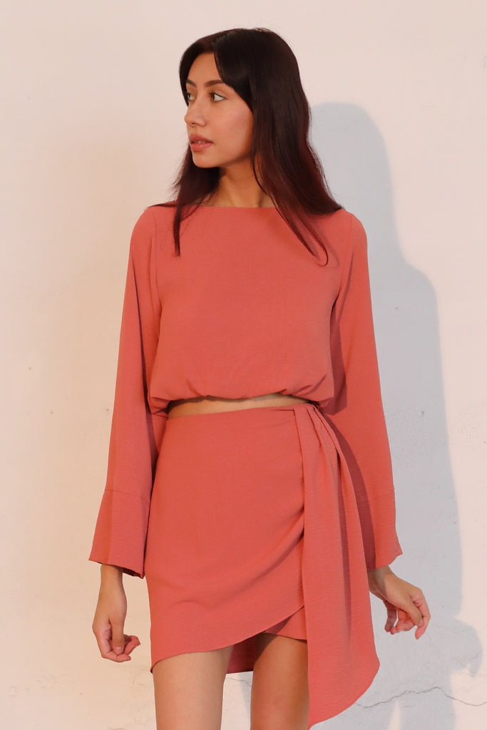 Coral Crepe Long Sleeve Cuff Top