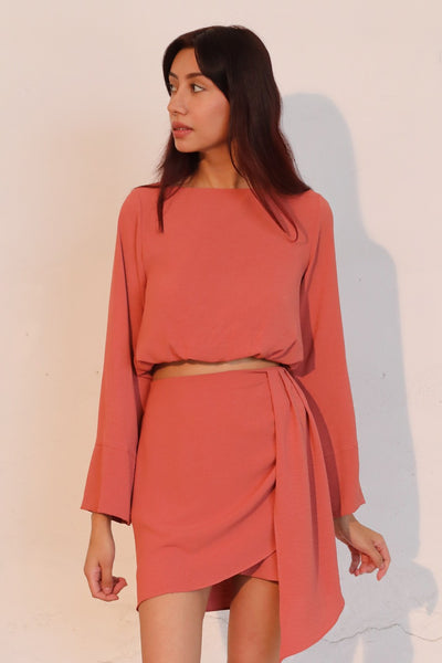 Coral Crepe Long Sleeve Cuff Top