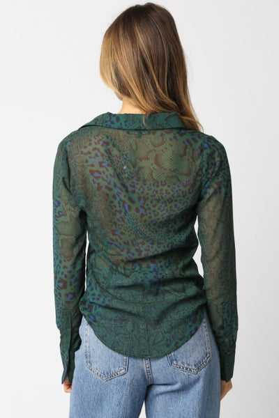 Green Leopard Print Sheer Long Sleeve Blouse