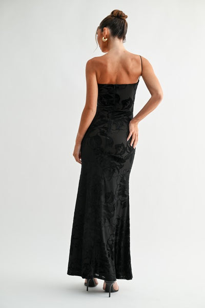 Black Velvet Flower Detailed Maxi Dress