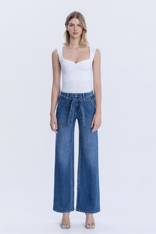 Jenny High Rise Waist TIe Wide Leg Jeans