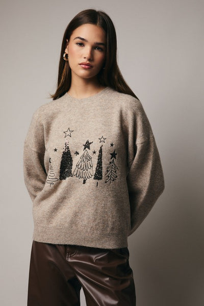 Oatmeal Sequin Tree Detail Sweater