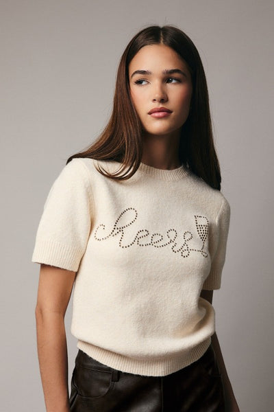 Cream Round Neck "Cheers" Sweater