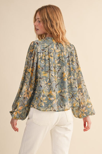 Indigo Multi Floral Print Puff Sleeve Blouse