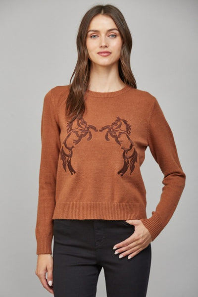 Brown Horse Embroidered Crew Neck Sweater